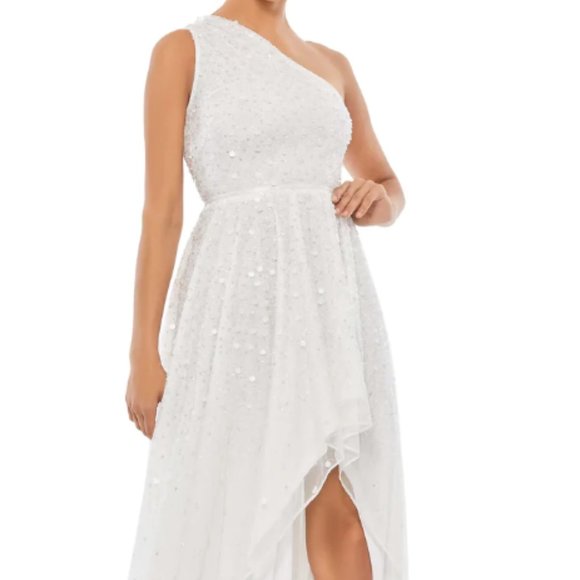MAC DUGGAL EMBELLISHED ONE SHOULDER SEQUIN HIGH LOW WHITE GOWN SZ 2 - Picture 1 of 8